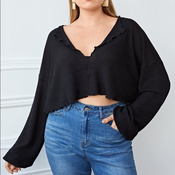 SHEIN Waffle Knit Lettuce Trim Cropped Tee - Picture 5 of 5